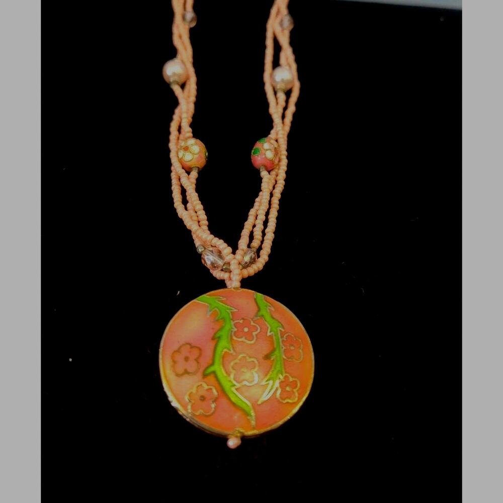 Cloisonne Beaded And Pink Seed Pearl Multi Strand Necklace And Pendant 23”